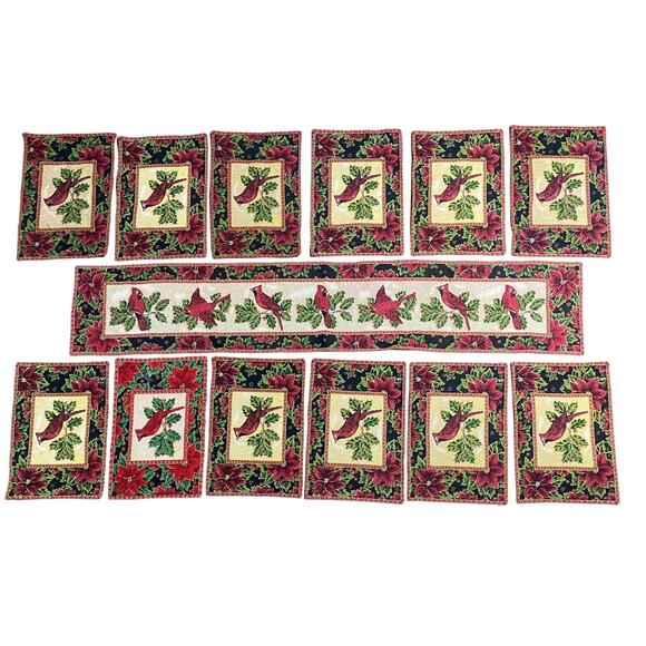 St Nicholas Square Table Runner and 12 Placemats Red Christmas Cardinals - Picture 1 of 7